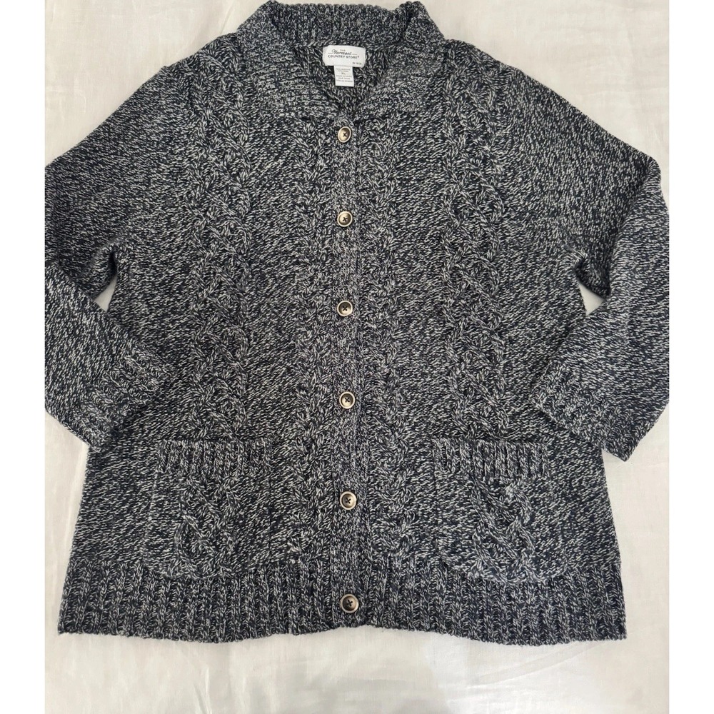 Vermont Country Store Wool Blend Cable Knit Cardigan Sweater XL Navy White